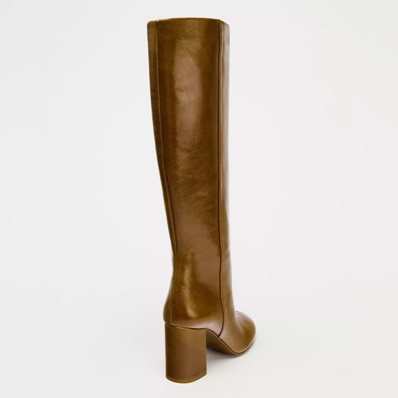 Zara HEELED LEATHER KNEE HIGH BOOTS Brown Knee-High Leather Boots sz 37 US 6.5 - Picture 4 of 10